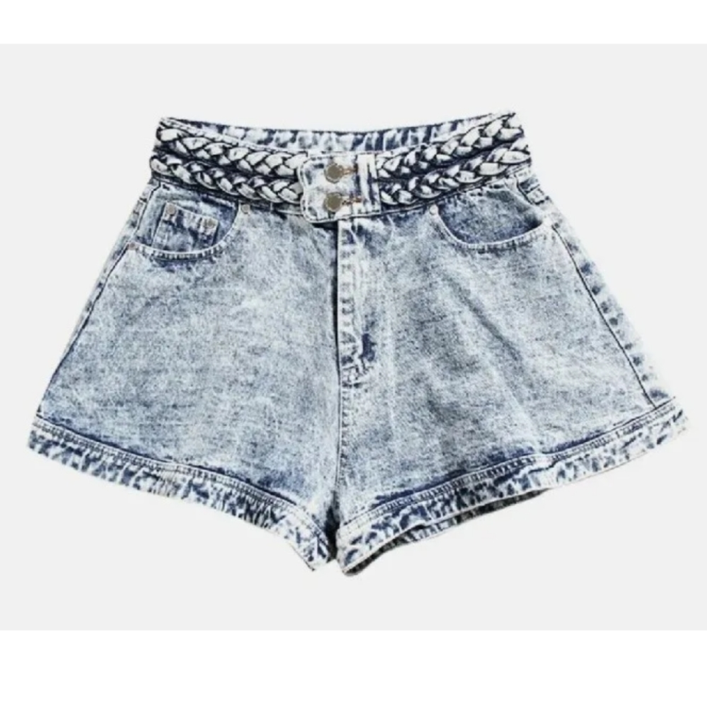 Dream Architect Booty Jean Shorts  00 Sz 24 Blue Stone Wash Denim Braided Waist